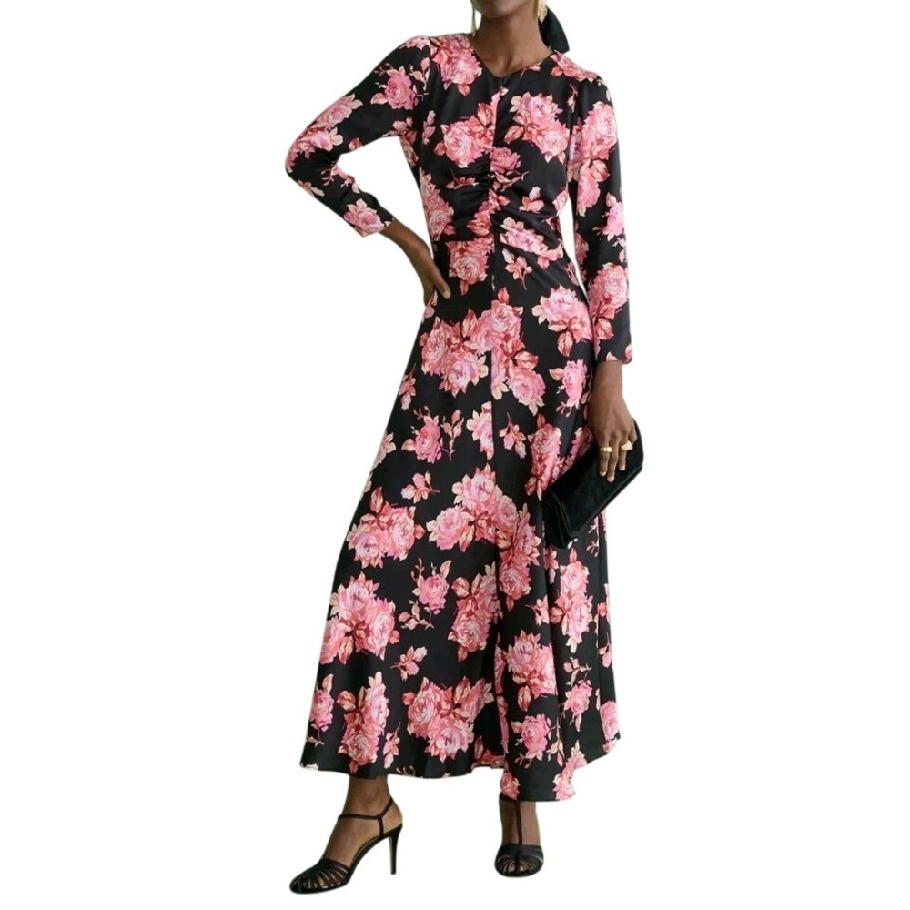 J Crew Featherweight Satin Midi Dress Midnight Rose Floral Black Pink Small  6